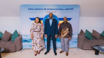 Prime Minister Russell Mmiso Dlamini, Foreign Affairs Minister Senator Pholile Shakantu and Labour and Social Security Minister Phila Buthelezi at the newly refurbished diplomatic lounges at King Mswati III International Airport, Sikhupe