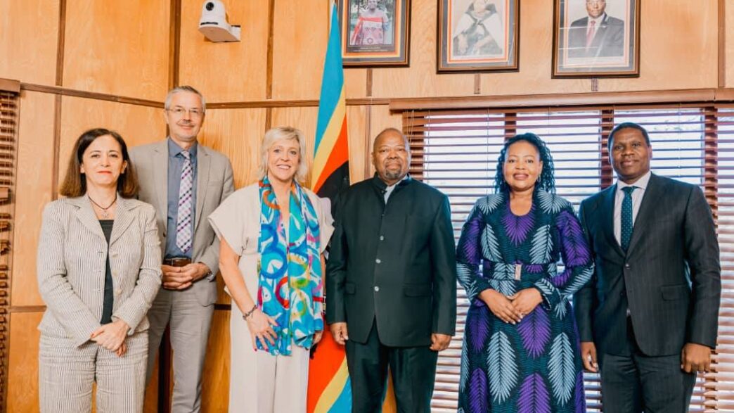 Acting Prime Minister Dr Thambo Gina and Minister of Foreign Affairs and International Cooperation Senator Pholile Shakantu pose with Africa-EU Joint Parliamentary Assembly Co-President Ms Hilde Vautmans and EU Ambassador to Eswatini Karsten Mecklenburg during an official courtesy call held in Mbabane on Monday.