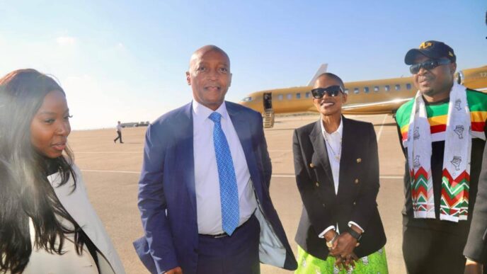 CAF President Dr Patrice Motsepe poses for a group photo with Zimbabwe Minister of Tourism and Hospitality Industry Barbara Rwodzi, Zimbabwe Football Association President Nqobile Magwizi, and Zimbabwe Tourism Authority CEO Dr George Manyaya at Robert Gabriel Mugabe International Airport in Harare on Sunday.