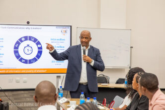 Central Bank of Eswatini Governor shares his personal communication formula, CCV, with graduate trainees during a surprise appearance at the Effective Communication training session held at the CBE Conference Hall on 13 May 2026. Photo: Central Bank of Eswatini