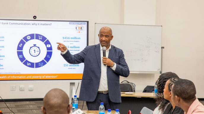 Central Bank of Eswatini Governor shares his personal communication formula, CCV, with graduate trainees during a surprise appearance at the Effective Communication training session held at the CBE Conference Hall on 13 May 2026. Photo: Central Bank of Eswatini