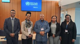 Minister for Health Mduduzi Matsebula flanked by members of the Eswatini delegation at the 79TH WHA. Photo: Ministry of Health Eswatini