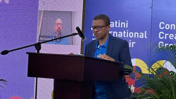 EIPA CEO Sibani Mngomezulu addresses guests at the official launch of the 58th Eswatini International Trade Fair 2026 at the Mavuso Trade and Exhibition Centre in Manzini. Photo by Eswatini TV