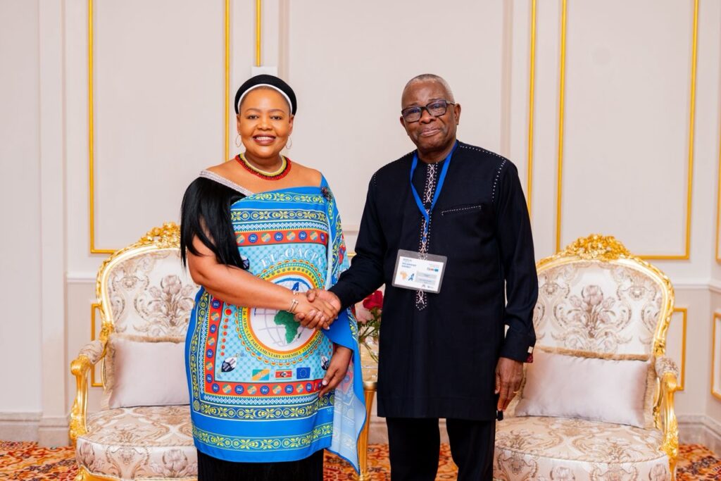 Minister Shakantu shares a moment with Hon. David Houinsa of the Republic of Benin, who chaired the OACPS side of the first Africa-EU Parliamentary Assembly in Ezulwini.