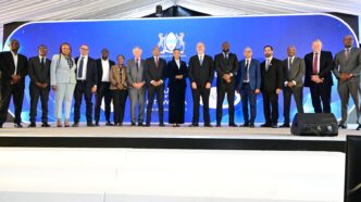Minister of Minerals and Energy Bogolo Kenewendo, WFDB President Yoram Dvash, DMCC Executive Chairman Ahmed Bin Suyalem, and officials pose for a group photo at the WFDB International Summit in Gaborone