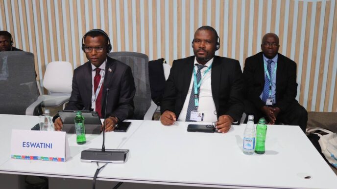 Minister of Housing and Urban Development Appolo Maphalala and Minister of Tinkhundla Administration and Development Sikhumbuzo Dlamini at the World Urban Forum in Baku, Azerbaijan