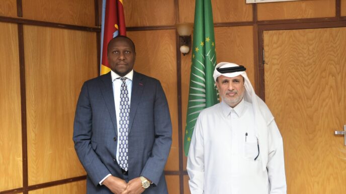 Prime Minister Russell Mmiso Dlamini with the Chargé d'Affaires of the Embassy of the State of Qatar in the Kingdom of Eswatini, H.E. Rashid bin Mohammed Isa Al Khulaifi, at the Private and Cabinet Office in Mbabane on Tuesday, 19 May 2026.