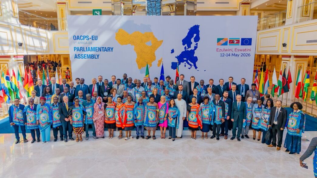 Delegates from OACPS and European Union member states gather for a group photo during the first Africa-EU Parliamentary Assembly, hosted by the Kingdom of Eswatini at the Ezulwini Palazzo ICC from 7 to 14 May 2026.