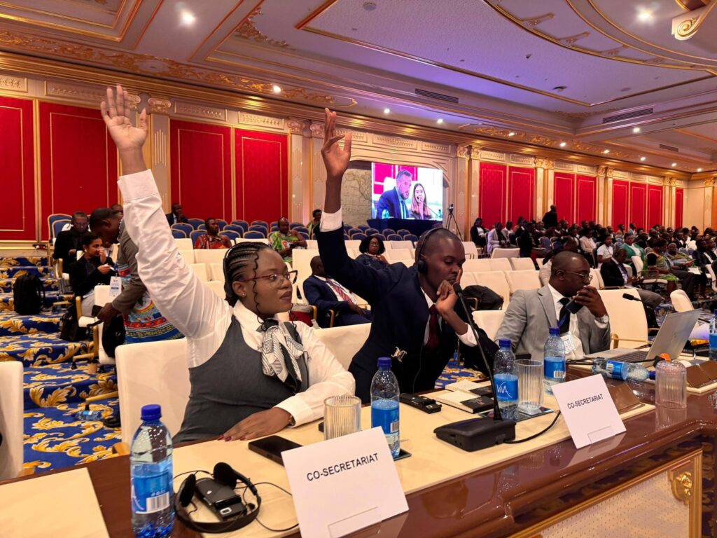 Tsidiswa Mhlanga raises her hand to contribute during the Youth Parliamentary Session at the first OACPS-EU Africa Parliamentary Assembly held at the Ezulwini Palazzo ICC last week. Photo: Tsidiswa Mhlanga