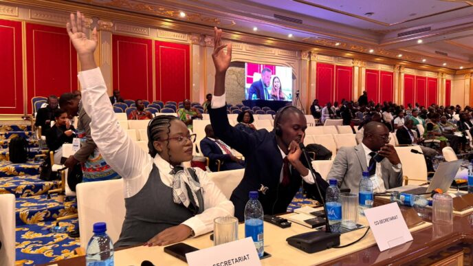 Tsidiswa Mhlanga raises her hand to contribute during the Youth Parliamentary Session at the first OACPS-EU Africa Parliamentary Assembly held at the Ezulwini Palazzo ICC last week. Photo: Tsidiswa Mhlanga