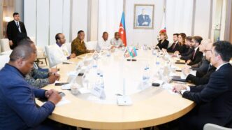 His Majesty King Mswati III and a senior executive of SOCAR-KBR Limited Liability Company during their meeting in Baku, Azerbaijan, on Tuesday.