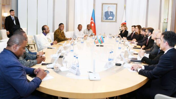 His Majesty King Mswati III and a senior executive of SOCAR-KBR Limited Liability Company during their meeting in Baku, Azerbaijan, on Tuesday.
