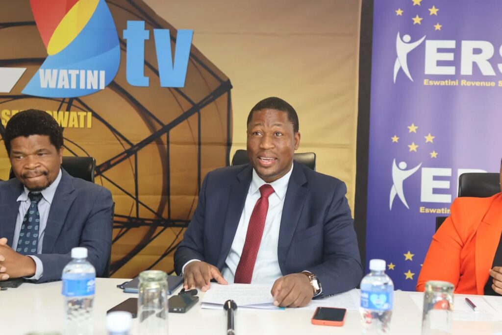 Eswatini Television Authority Chief Executive Officer Mlamuli Dlamini addresses stakeholders during the official launch of the "No TV Permit, No Import" Iphi Yakho campaign held at the Eswatini Revenue Service offices in Ezulwini.