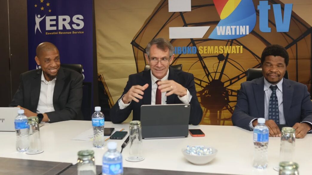 Minister of Finance Neal Rijkenberg, Ministry of ICT Principal Secretary Andreas Dlamini, and ERS Commissioner General Brightwell Nkambule follow proceedings during the launch of the Iphi Yakho compliance campaign at the ERS offices in Ezulwini.