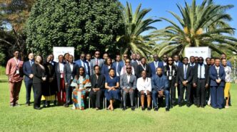 Zambia Revenue Authority Commissioner General Dingani Banda, Financial Intelligence Centre Director General Clement Kapalu, and representatives from the African Tax Administration Forum and Tax Justice Network Africa pose for a group photo. Photo by ZRA