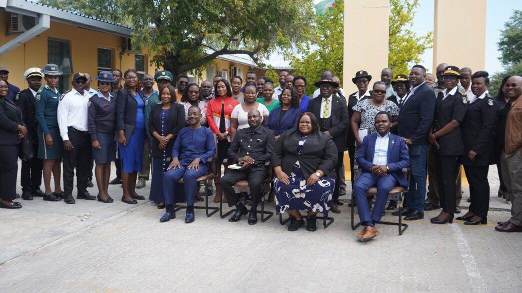 Namibian Minister of Home Affairs, Immigration, Safety and Security Lucia Iipumbu poses with Oshana Region Governor Hofni Iipinge, Omusati Region Governor Immanuel Shikongo, and other stakeholders