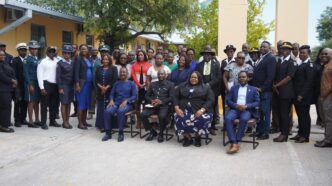 Namibian Minister of Home Affairs, Immigration, Safety and Security Lucia Iipumbu poses with Oshana Region Governor Hofni Iipinge, Omusati Region Governor Immanuel Shikongo, and other stakeholders