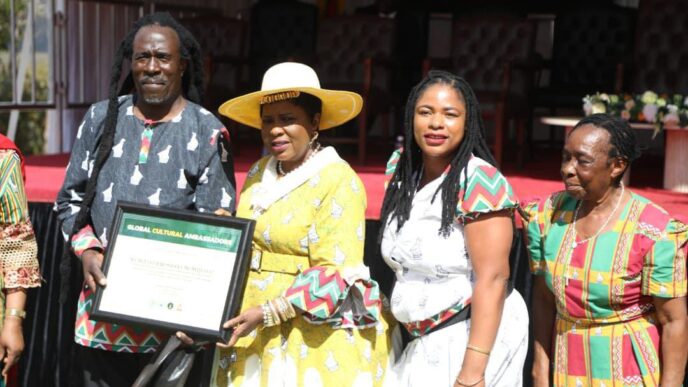 Zimbabwe's First Lady Dr Auxillia Mnangagwa poses with participants at the Mbira Festival held at Baradzanwa Cultural Village in Mazowe. Photo by Zimbabwe Tourism