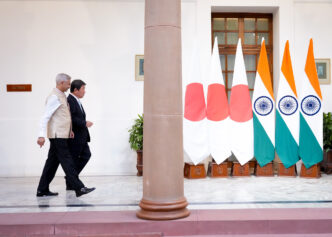 Japanese Foreign Minister Toshimitsu Motegi (left) walks with Indian External Affairs Minister Subrahmanyam Jaishankar during bilateral talks in New Delhi on Monday. | Photo: MoFA Japan