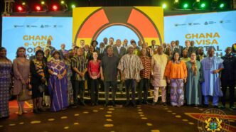 Ghanaian President John Dramani Mahama poses with government officials and stakeholders at the launch of Ghana's electronic visa portal, a move that scraps visa fees for all African passport holders visiting the country for business or tourism.