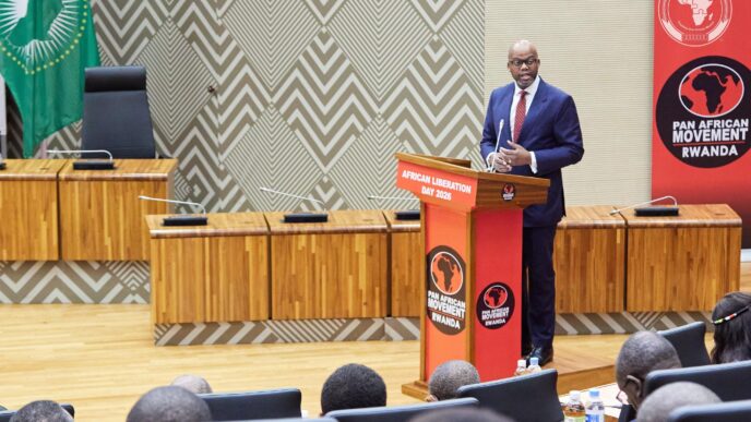 AfCFTA Secretary-General Wamkele Mene delivers the keynote address at the 62nd African Liberation Day International Conference in Kigali, Rwanda.