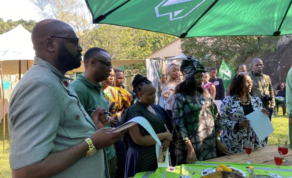 Eswatini Observer Acting Managing Director Mbongeni Mbingo, Private Chef Brian Mohammed, Nedbank Head of Audit Nkhosiphile Dlamini, Café 360 Director Sindi Simelane and Nedbank Eswatini Managing Director Fikile Nkosi admire some of the dishes prepared during the NedKitchen Cook-Off Challenge held at Sharma House as part of Nedbank Eswatini's Africa Month celebrations. Photo: Eswatini Travel News