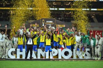 Mamelodi Sundowns players celebrate with the Caf Champions League trophy after sealing a 2-1 aggregate victory over AS FAR in Rabat on Sunday. (Photo: TotalEnergies CAF Champions League & Confederation Cup)