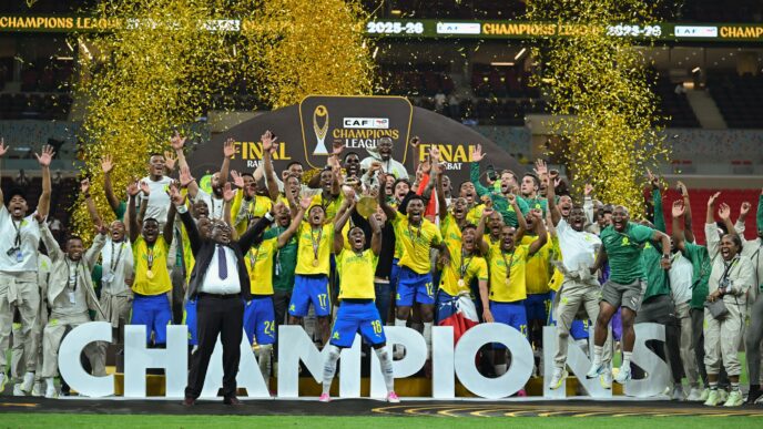 Mamelodi Sundowns players celebrate with the Caf Champions League trophy after sealing a 2-1 aggregate victory over AS FAR in Rabat on Sunday. (Photo: TotalEnergies CAF Champions League & Confederation Cup)