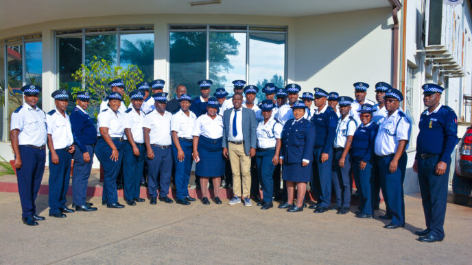 Deputy National Commissioner Bonsile Masuku with graduates of the REPS Police Practice and Law Course, 1 of 2026, following the closing ceremony of the 14-week programme. Photo: Royal Eswatini Police Service