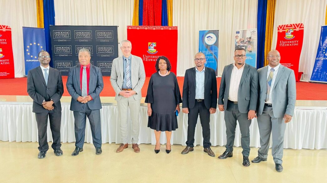 caption for a group photo 21:50 Eswatini Qualifications Authority Executive Secretary Mboni Dlamini (centre) pictured with participants at the university-industry networking event held at the UNESWA Sports Emporium.