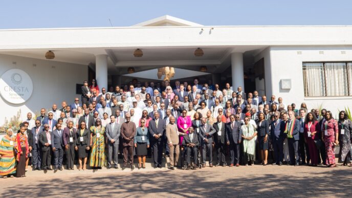 African leaders, policymakers and telecommunications experts pose for a group photo during the 2nd Africa Preparatory Meeting ahead of the International Telecommunication Union Plenipotentiary Conference 2026, held in Victoria Falls, Zimbabwe, on Tuesday, 27 May 2026.