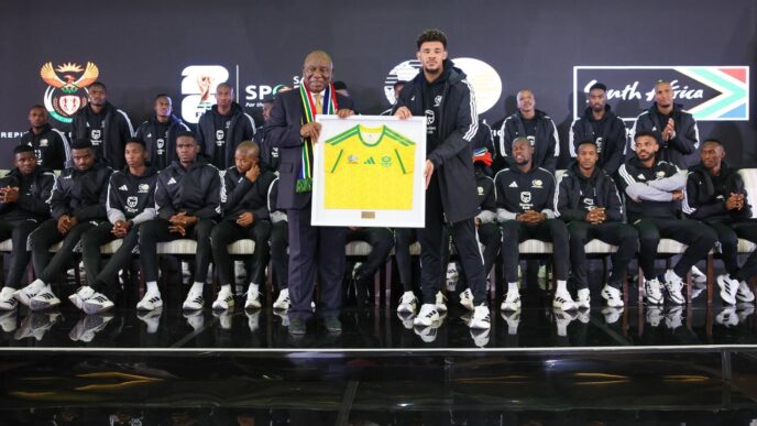 President Cyril Ramaphosa shares a moment with Bafana Bafana captain ahead of the squad's departure to the 2026 FIFA World Cup. (Picture: The Presidency of the Republic of South Africa)