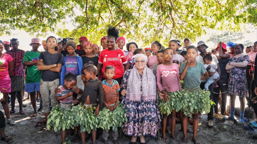 Namibian Vice President Lucia Witbooi poses with members of the San community at Ombili Location in Eenhana during her visit to assess their living conditions and socio-economic challenges. (Picture: Vice President Lucia Witbooi/Facebook)