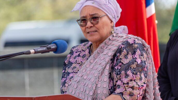 Namibian Vice President Lucia Witbooi delivers her address at the Genocide Remembrance Day commemoration in Eenhana, Ohangwena Region, on 28 May 2026. (Picture: Vice President Lucia Witbooi/Facebook)
