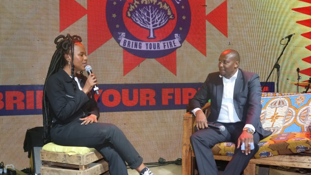 Prime Minister Russell Mmiso Dlamini speaks with festival host Phiwo Dhlamini at the MTN Bushfire Broadcast Corner during the 19th edition of the MTN Bushfire Festival in Malkerns. | Photo: Eswatini TV