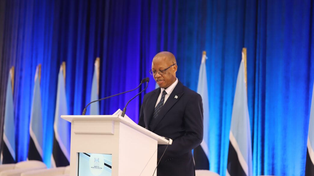 Botswana Ministry of International Relations Permanent Secretary Ambassador Thuso Ramodimoosi addresses delegates at the Foreign Policy Pitso in May 2026, where he outlined the objectives of the country's long-awaited draft foreign policy document.