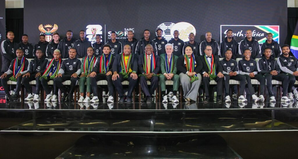 President Cyril Ramaphosa poses with Bafana Bafana players and technical staff at the team's send-off dinner ahead of the 2026 FIFA World Cup on Wednesday, 27 May 2026. (Picture: The Presidency of the Republic of South Africa)