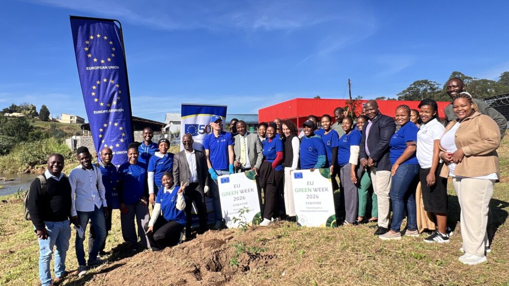 EU Ambassador to Eswatini Karsten Mecklenburg, Mbabane Mayor Thulani Mkhonto, Eswatini Environment Authority Executive Director Gcina Dladla and other officials and youth climate leaders pose for a group photo during the launch of EU Green Week 2026 at Extension 3 Park in Mbabane. Photo by EU in Eswatini