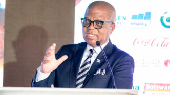 Botswana's Minister for State President, Defence and Security, Moeti Mohwasa, delivers his address at the official opening of the 30th Business Botswana Northern Trade Fair on Thursday