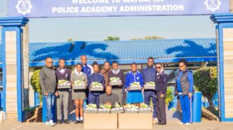 Some of the Royal Eswatini Police Service Athletics Club athletes pictured with their new Adidas running spikes, donated by retired athlete and coach Sergeant Sibusiso Matsenjwa, at the Matsapha Police Academy. Photo by REPS