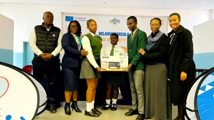 Mkhonza High School receives the regional champion trophy at the Shiselweni Schools Debate tournament at Evelyn Baring High School. (Picture: Deputy Prime Minister's Office)