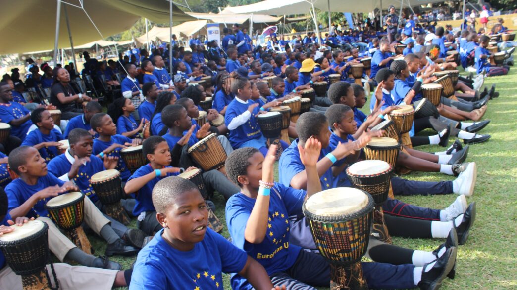 Learners beat out a rhythm on the djembe drum during the 2026 EU Bushfire Schools Festival at House on Fire in Malkerns. (Picture: EU in Eswatini)