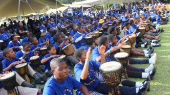 Learners beat out a rhythm on the djembe drum during the 2026 EU Bushfire Schools Festival at House on Fire in Malkerns. (Picture: EU in Eswatini)