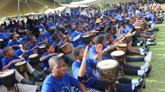 Learners beat out a rhythm on the djembe drum during the 2026 EU Bushfire Schools Festival at House on Fire in Malkerns. (Picture: EU in Eswatini)