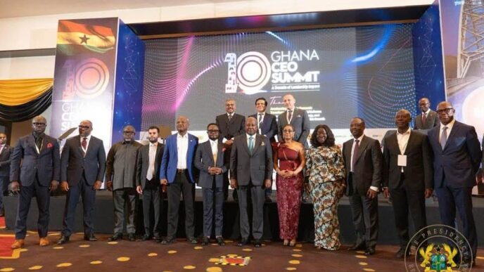 Ghana's President John Dramani Mahama joins Trade, Agribusiness and Industry Minister Elizabeth Ofosu-Adjare, Chief Executives Network Founder and CEO Ernest De-Graft Egyir, Bank of Ghana Governor Dr. Johnson Pandit Asiama and other business leaders and policymakers for a group photo at the launch of the CEOs-Government Compact 2026 in Accra on Thursday, 28 May 2026.