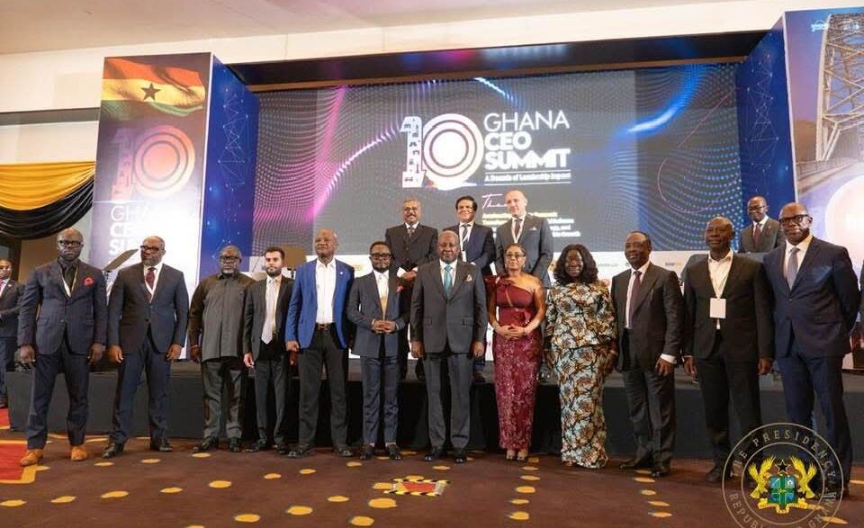 Ghana's President John Dramani Mahama joins Trade, Agribusiness and Industry Minister Elizabeth Ofosu-Adjare, Chief Executives Network Founder and CEO Ernest De-Graft Egyir, Bank of Ghana Governor Dr. Johnson Pandit Asiama and other business leaders and policymakers for a group photo at the launch of the CEOs-Government Compact 2026 in Accra on Thursday, 28 May 2026.