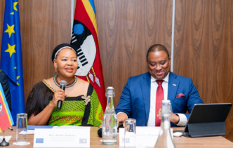 Senator Pholile Shakantu addresses delegates at the third Eswatini-EU Partnership Dialogue in Mbabane on Friday, seated next to Eswatini's Ambassador to Belgium, H.E. Sibusisiwe Mngomezulu. Photo by Phindokuhle Sithole / Lokuhle Media