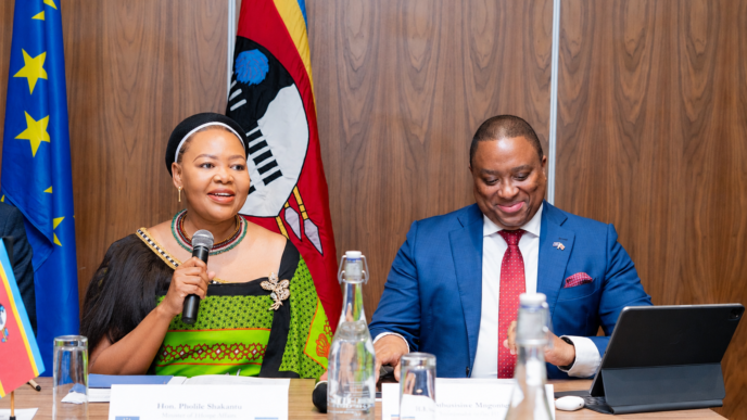 Senator Pholile Shakantu addresses delegates at the third Eswatini-EU Partnership Dialogue in Mbabane on Friday, seated next to Eswatini's Ambassador to Belgium, H.E. Sibusisiwe Mngomezulu. Photo by Phindokuhle Sithole / Lokuhle Media