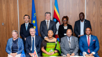 EU Ambassador H.E. Karsten Mecklenburg , Minister of Foreign Affairs and International Cooperation Senator Pholile Shakantu poses for a group photo with officials at the 3rd Eswatini-EU Partnership Dialogue in Mbabane, marking 50 years of European Union cooperation with the Kingdom of Eswatini. Photo by Phindokuhle Sithole/Lokuhle Media