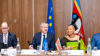 Jose Becerra Political Counsel at European Union, EU Ambassador H.E. Karsten Mecklenburg , Minister of Foreign Affairs and International Cooperation Senator Pholile Shakantu , Eswatini Ambassador to Belgium Sibusisiwe Mngomezulu during the 3rd Eswatini-EU Partnership Dialogue in Mbabane. Photo by Phindokuhle Sithole/Lokuhle Media